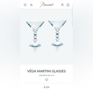 Baccarat Vega Crystal Martini Glasses Pair - NWT